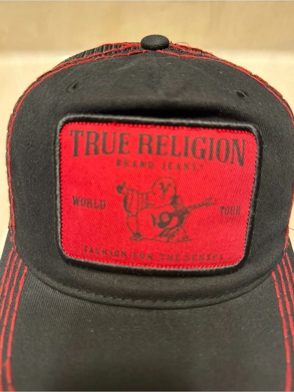 True Religion Black and Red Logo Patch Trucker Hat